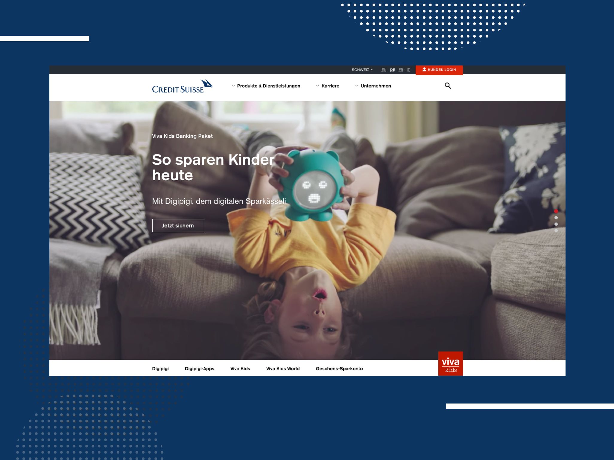 Credit Suisse - Viva Kids: Kind liegt mit digitalem Sparschwein auf dem Sofa